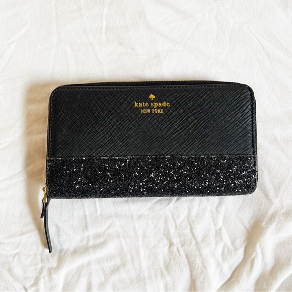 kate spade Handbags - Kate Spade Black Leather Glitter Zip Around Large Wallet Zippy Gold
